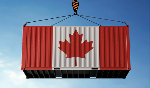 Canada trade cargo container hanging against clouds background