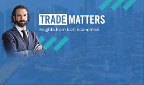 Bright, bold Trade Matters banner featuring image of EDC chief economist Stuart Bergman.